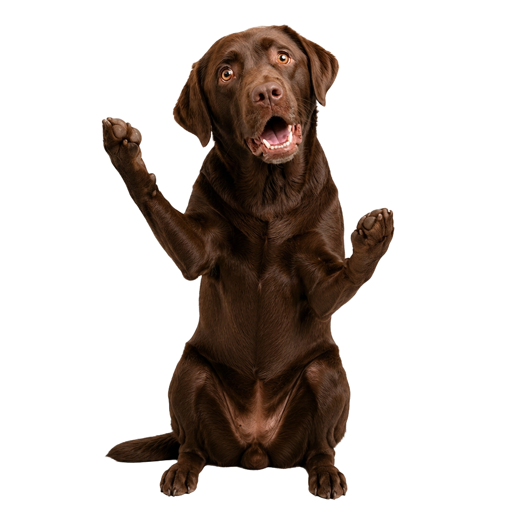 Labrador chocolat assis qui lève les pattes